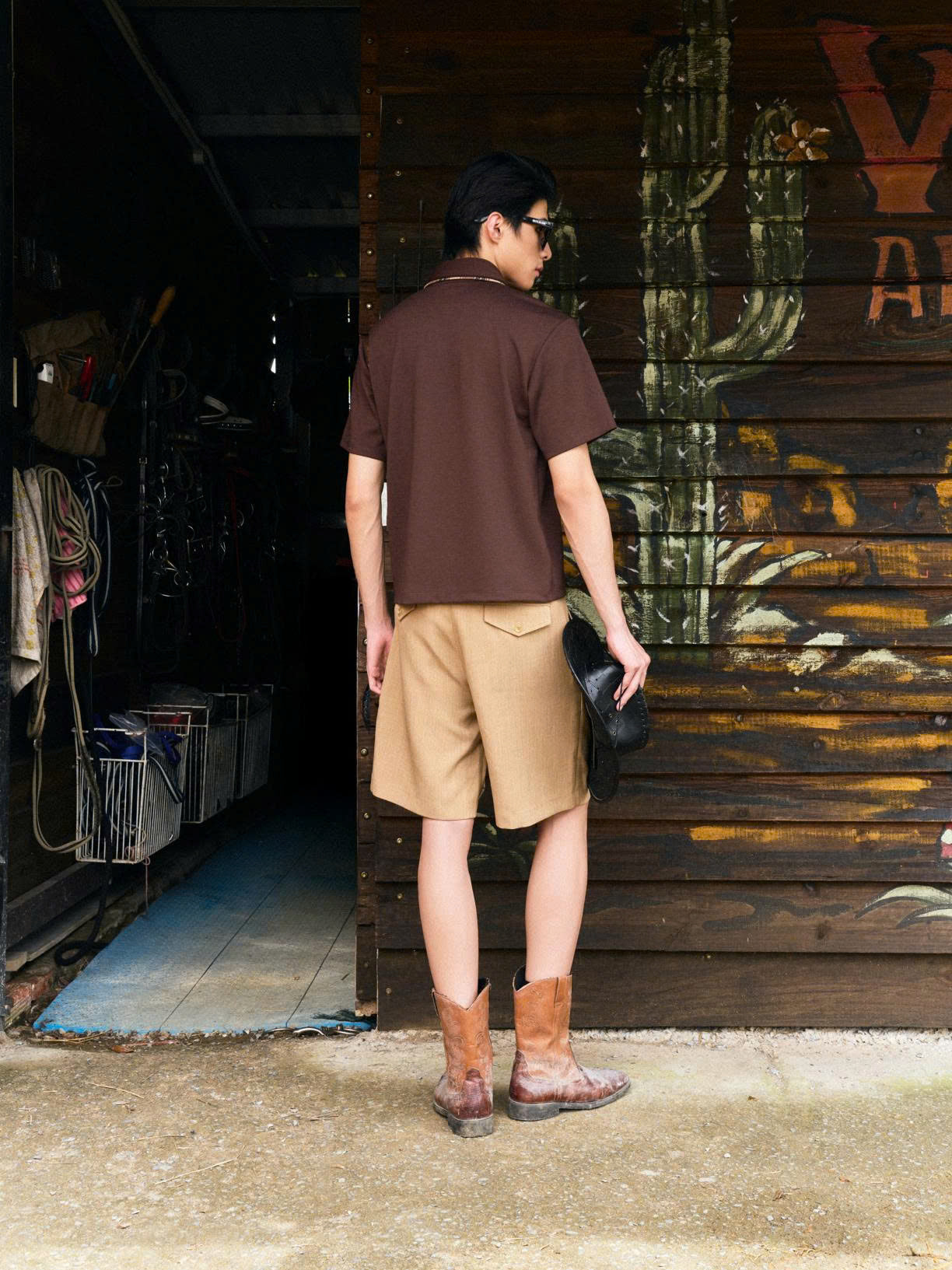 Áo polo tay ngắn nâu phối caro