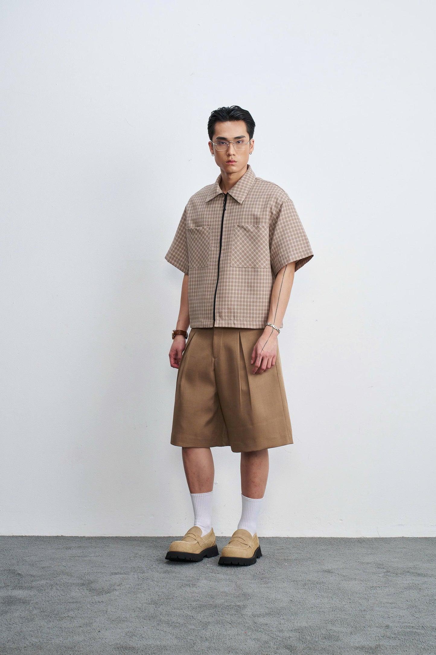 Áo sơmi tay ngắn phối zip caro be - Kun Brown Top