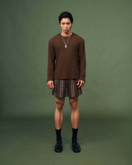 Quần shorts nâu kẻ sọc nam dáng suông dây rút