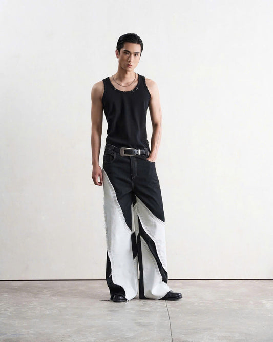 Quần jeans nam ống rộng họa tiết
