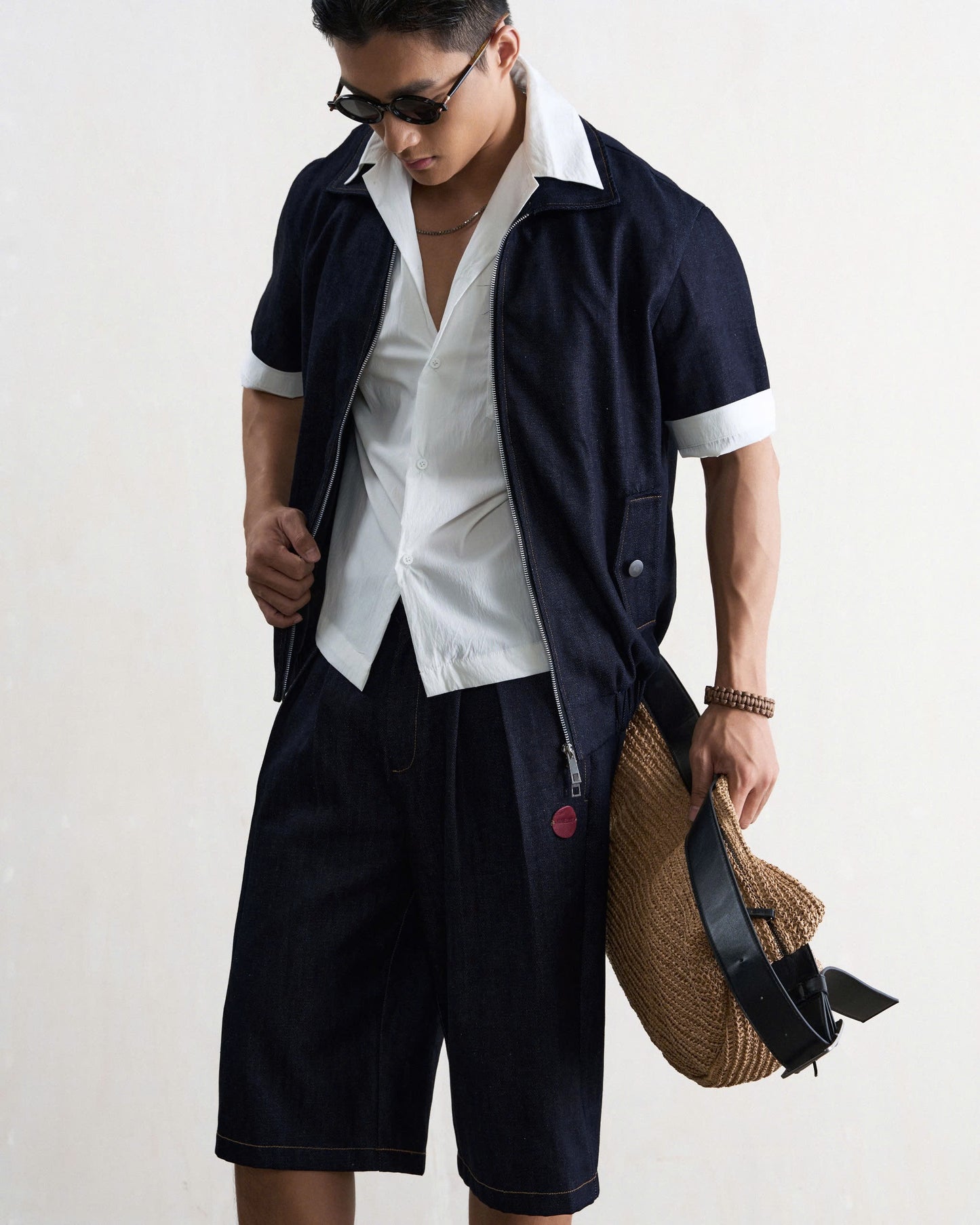 Áo khoác jeans nam khóa zip tay ngắn