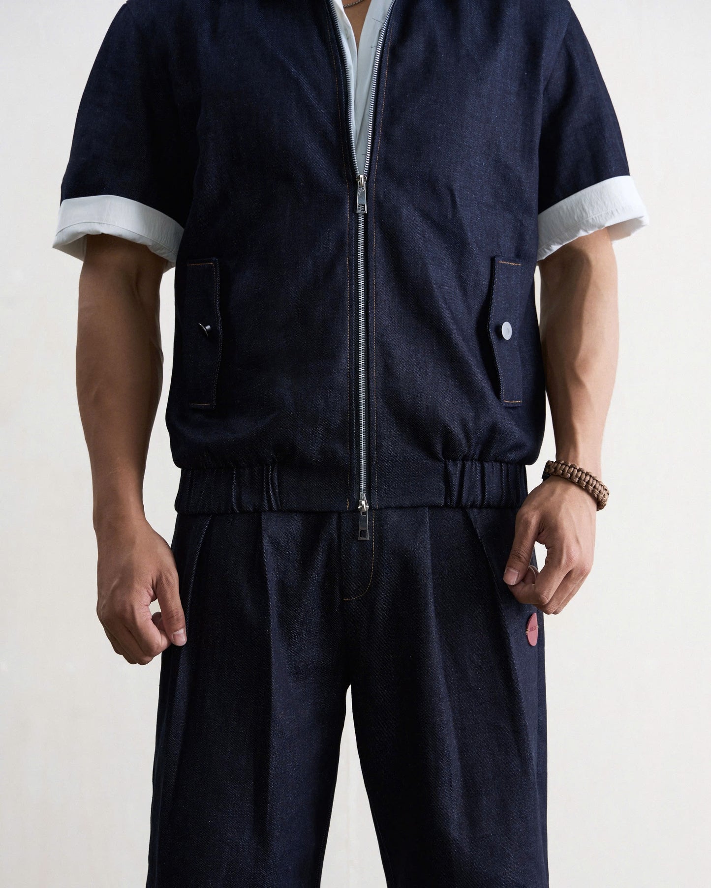 Áo khoác jeans nam khóa zip tay ngắn