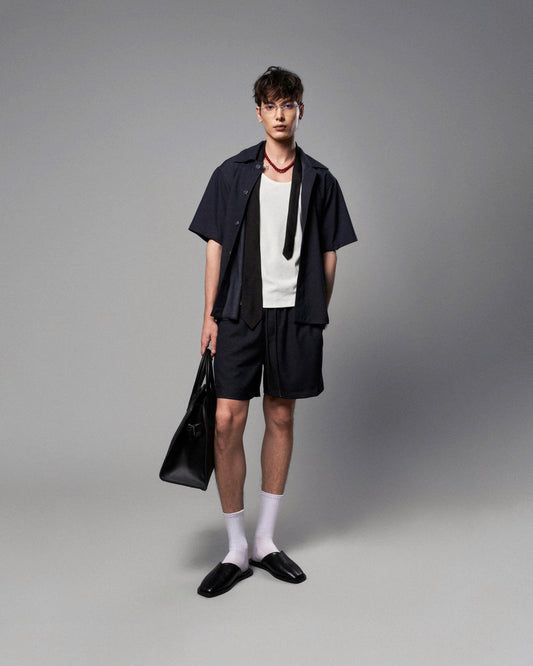Quần shorts lưng thun xanh denim