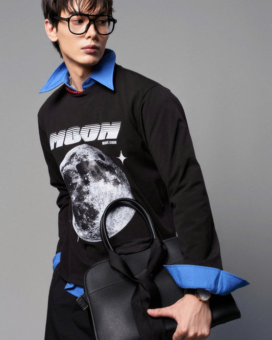 Áo thun nỉ tay dài "MOON" đen