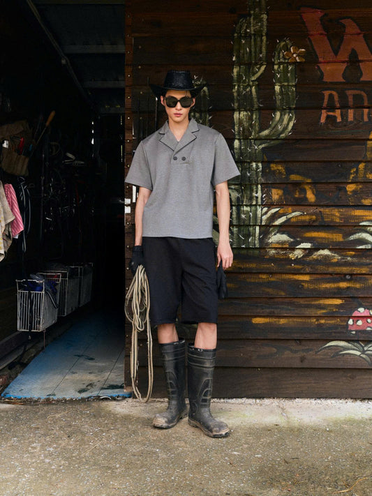 Áo cổ vest ngắn tay xám