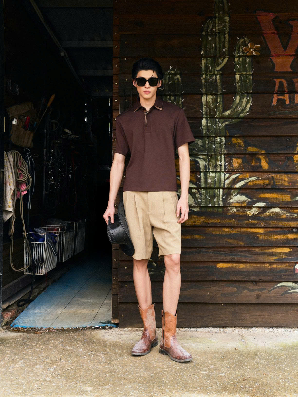 Áo polo tay ngắn nâu phối caro