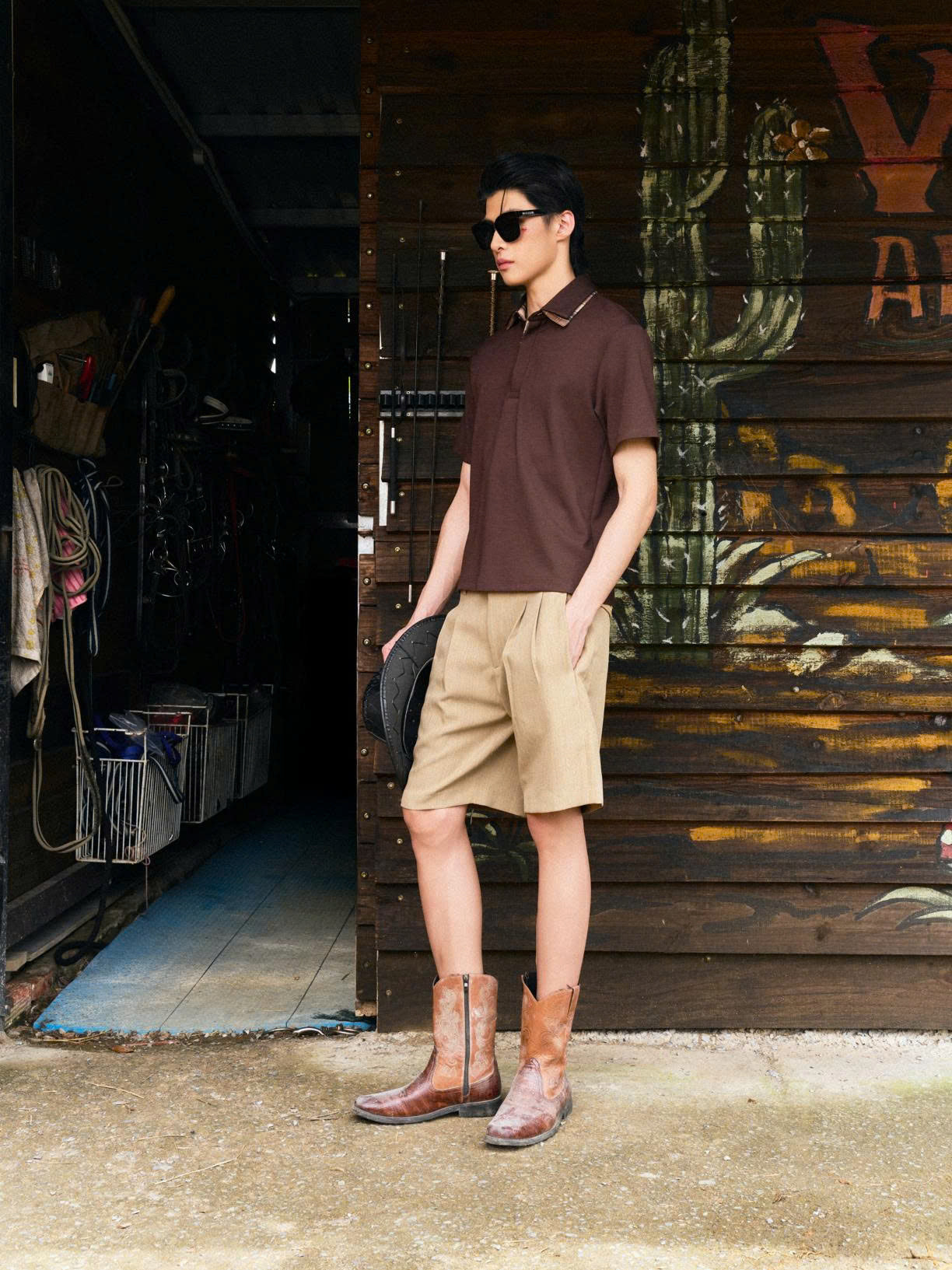 Áo polo tay ngắn nâu phối caro