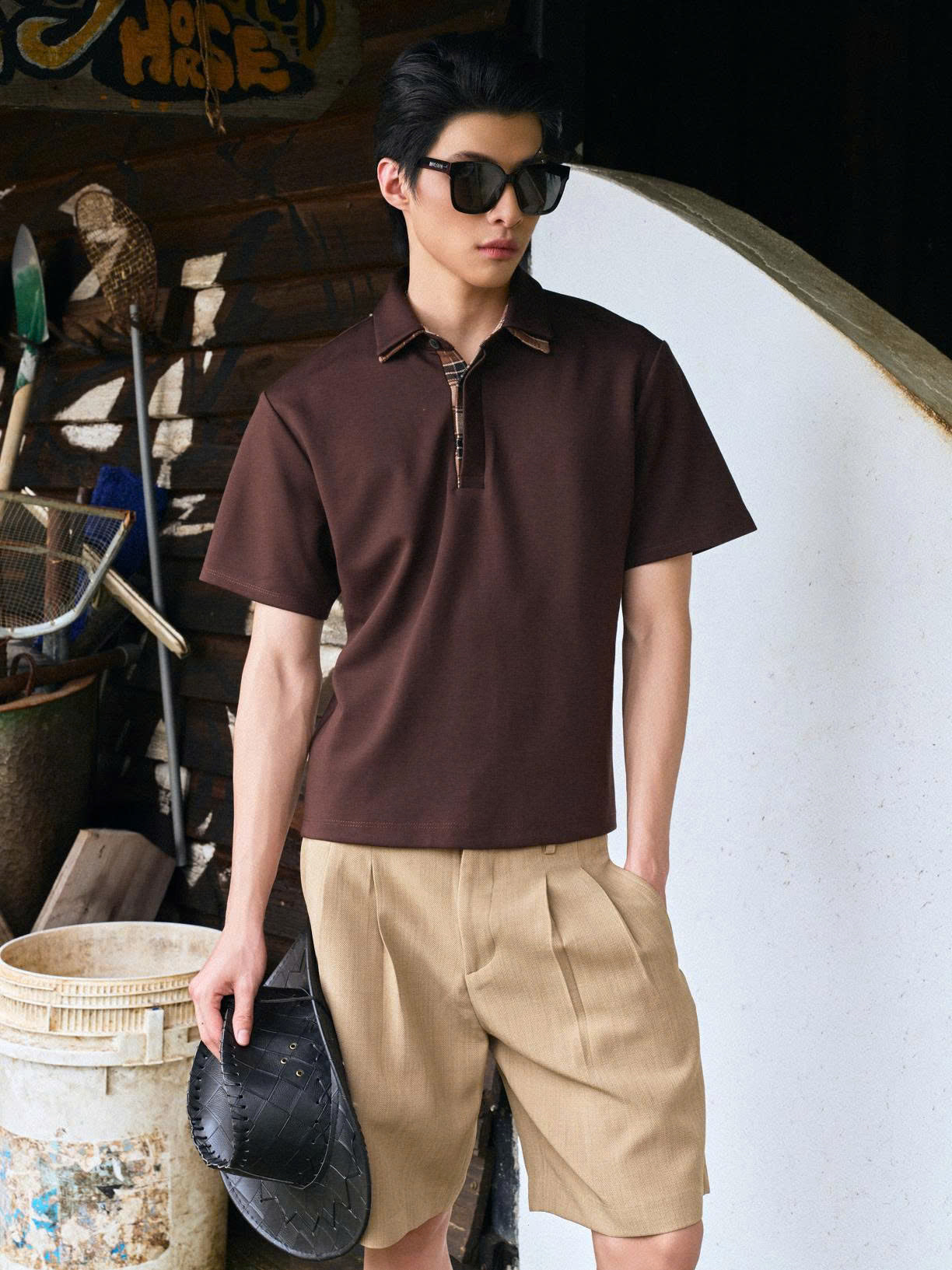 Áo polo tay ngắn nâu phối caro