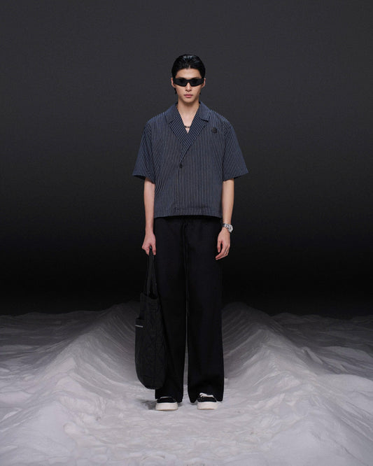 Áo sơ mi tay ngắn sọc dọc xanh