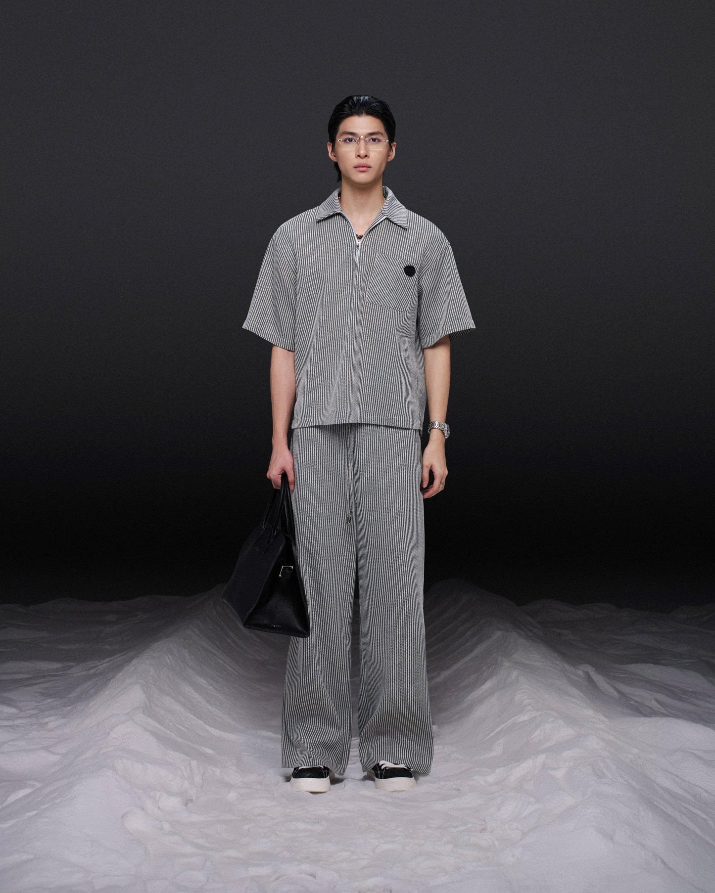 Áo polo tay ngắn sọc xám phối zip