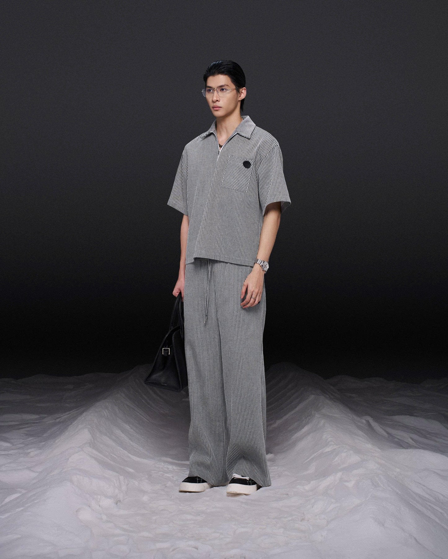 Áo polo tay ngắn sọc xám phối zip