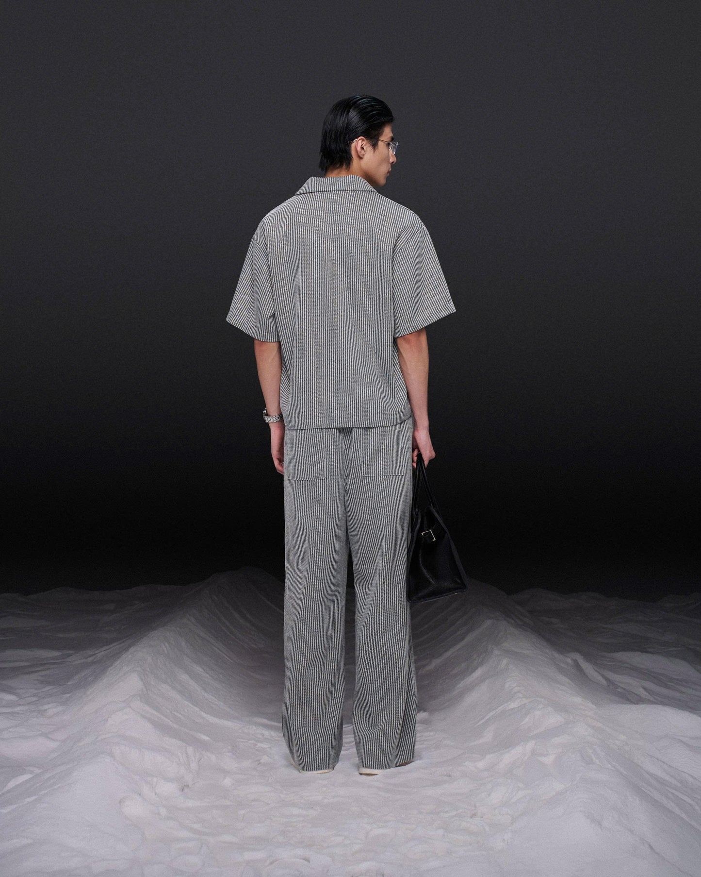 Áo polo tay ngắn sọc xám phối zip