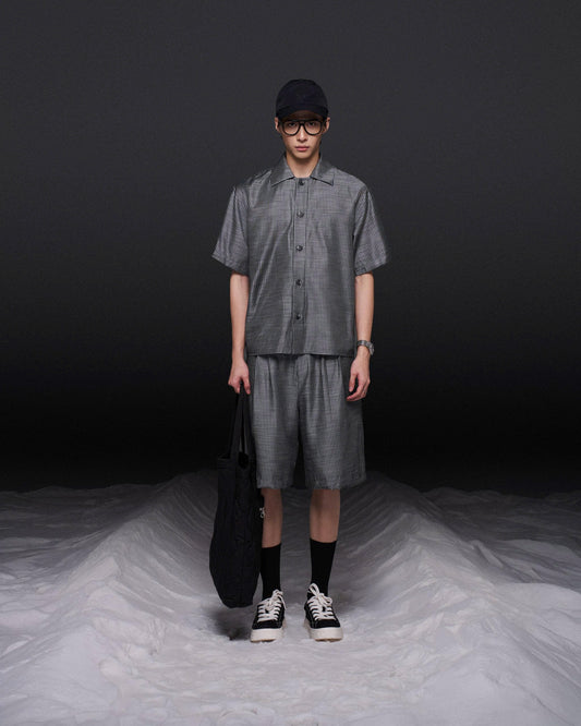 Áo sơ mi tay ngắn sọc xám ghi