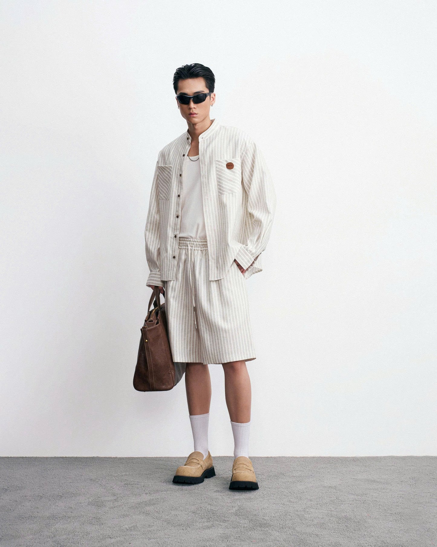 Áo sơmi tay dài kẻ sọc be cổ tàu - Ry Top