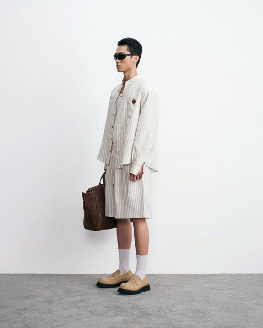 Quần short dáng lửng kẻ sọc be - Ry Shorts