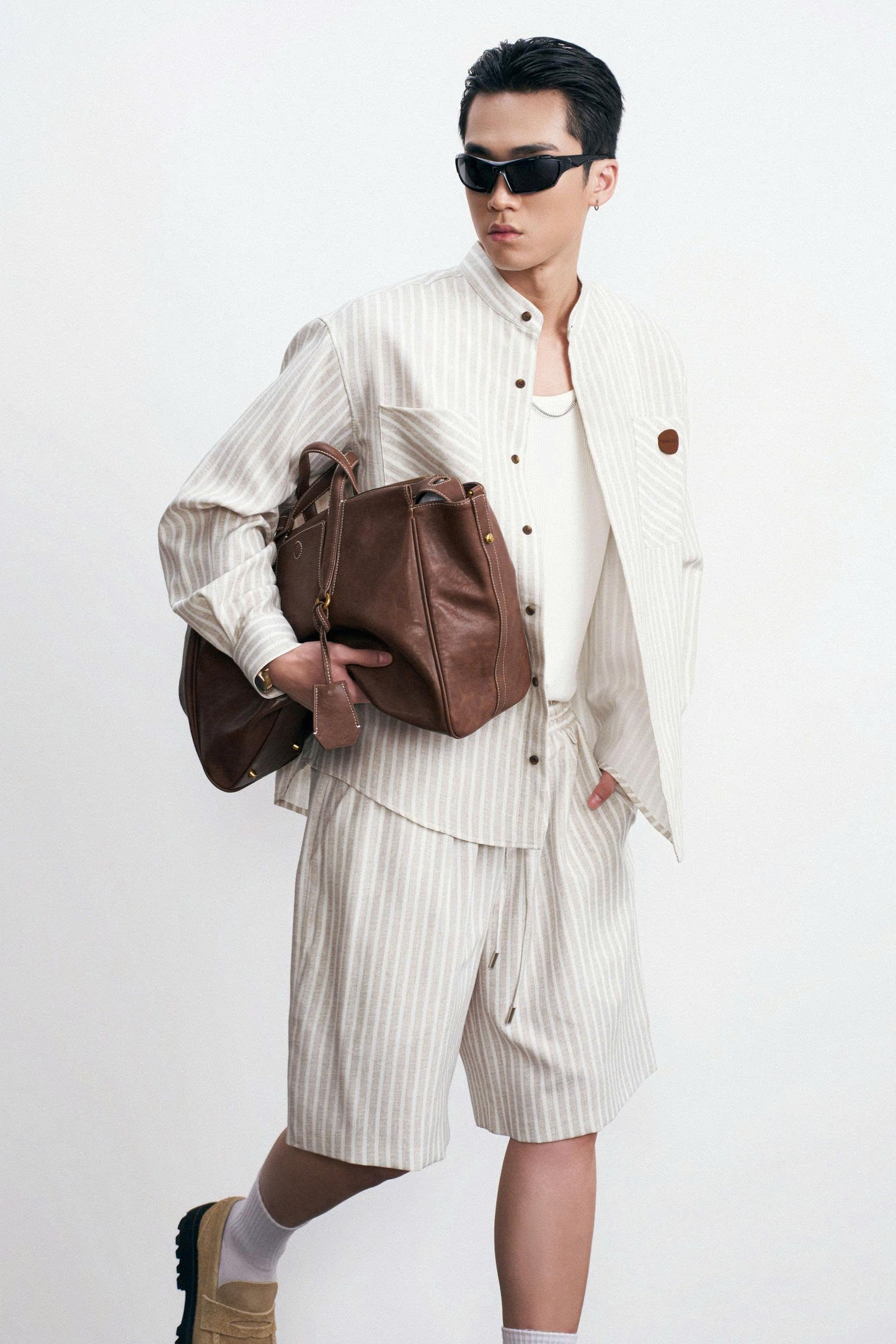 Áo sơmi tay dài kẻ sọc be cổ tàu - Ry Top