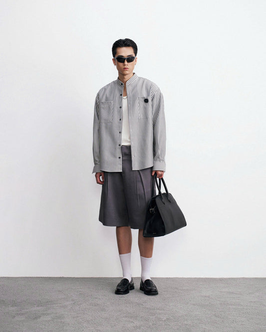 Áo sơmi tay dài kẻ sọc xám cổ tàu - Lem Top