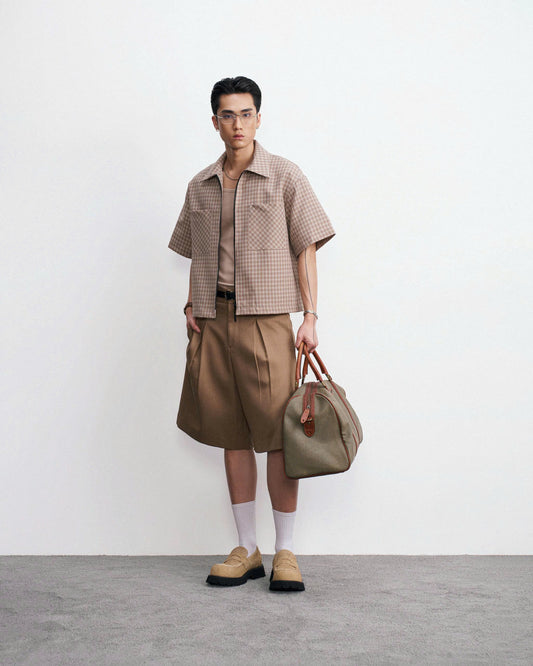 Áo sơmi tay ngắn phối zip caro be - Kun Brown Top