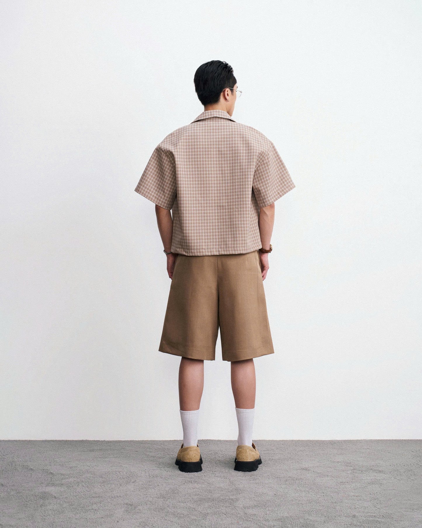 Áo sơmi tay ngắn phối zip caro be - Kun Brown Top