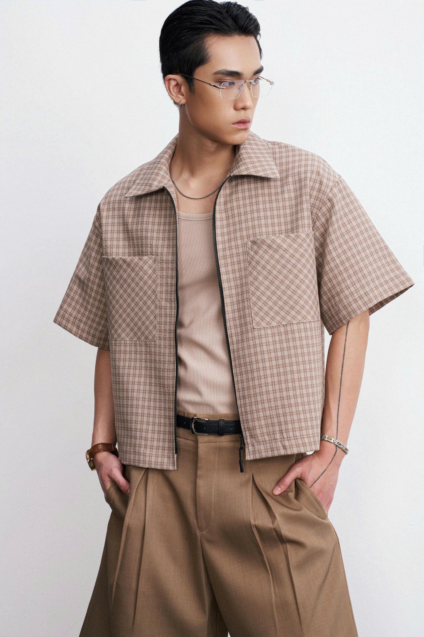 Áo sơmi tay ngắn phối zip caro be - Kun Brown Top