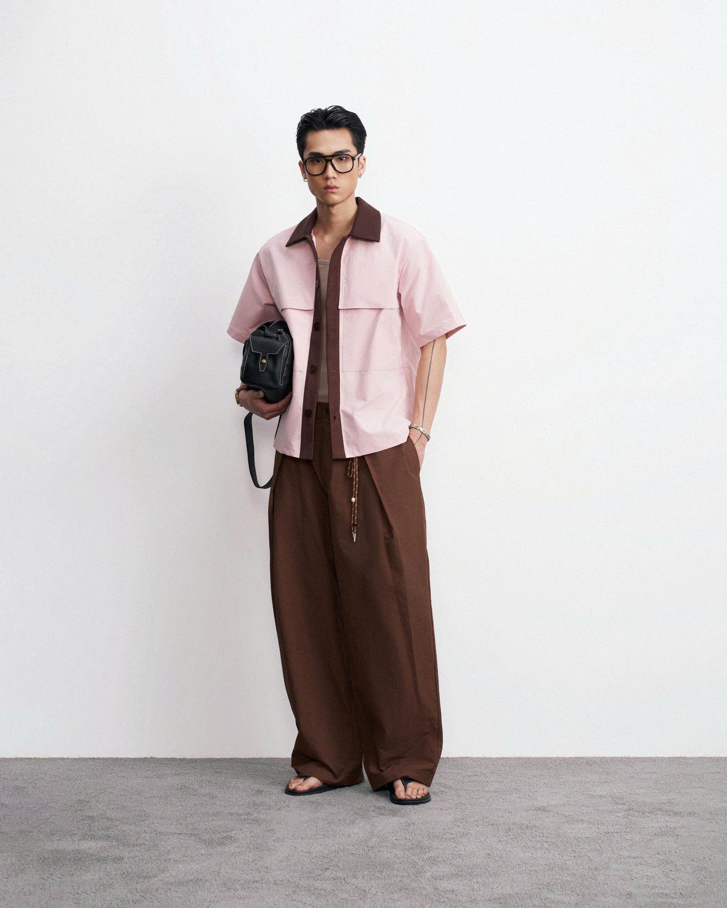 Áo sơmi tay ngắn hồng phối nâu - Roki Top