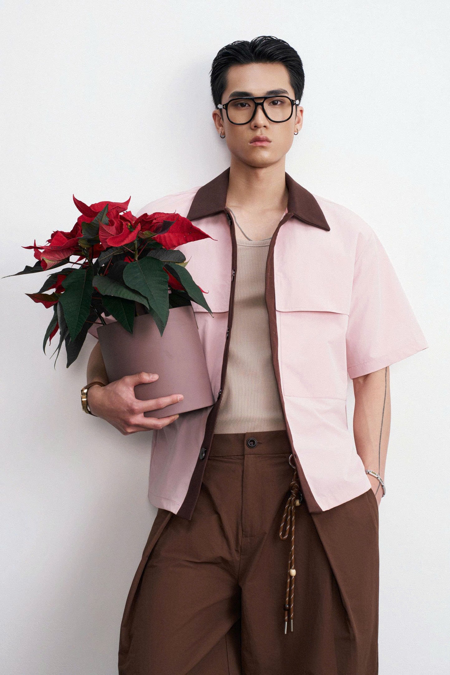 Áo sơmi tay ngắn hồng phối nâu - Roki Top