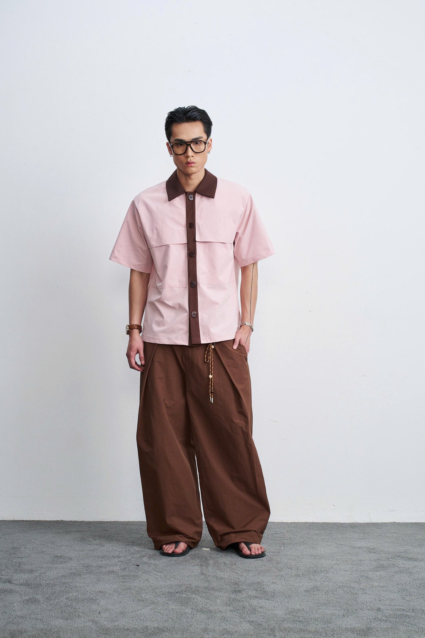 Áo sơmi tay ngắn hồng phối nâu - Roki Top