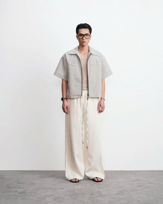 Áo sơmi tay ngắn phối zip caro trắng - Kun Caro Top