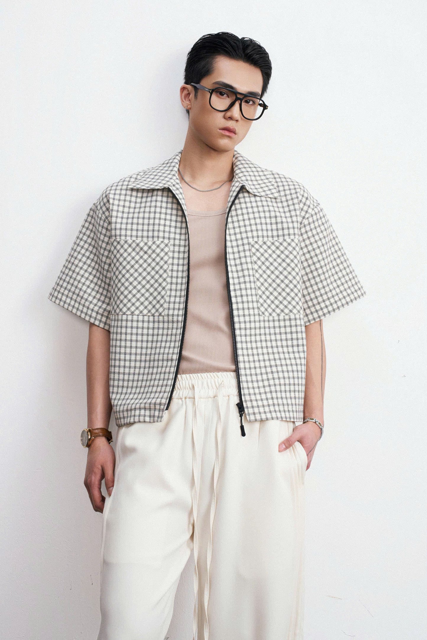 Áo sơmi tay ngắn phối zip caro trắng - Kun Caro Top
